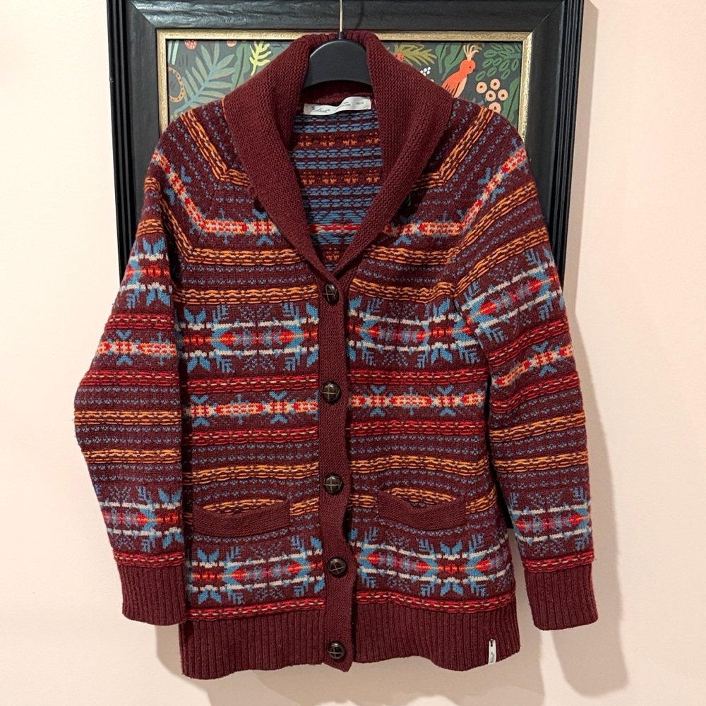 Woolrich wool cardigan sweater fair isle maroon XS